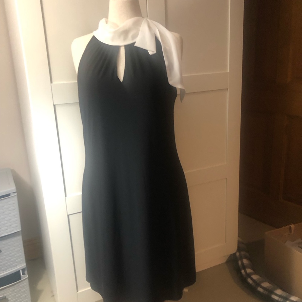 White House Black Market Black Midi Halter Dress with White Neck Tie - Picture 2 of 7